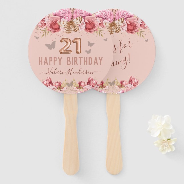 Éventail Papillons floraux rose heureux 21e anniversaire (Devant et derrière)