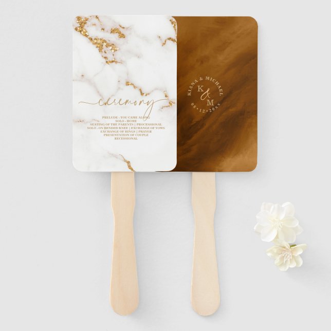 Éventail Parties scintillant en marbre moderne Mariage Gold (Devant et derrière)