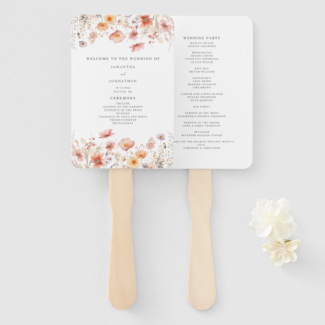 Éventail Peach Floral Fleur sauvage Wedding Program Hand Fa (Devant et derrière)