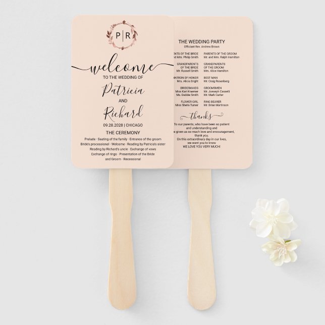 Éventail Peach Rose Gold Foil Programme de mariage (Devant et derrière)