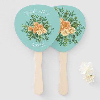 Éventail Pêche Aqua Turquoise Mariage Roses Floral