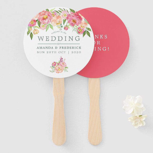 Éventail Peonies d'aquarelle de printemps Mariage Merci (Devant et derrière)