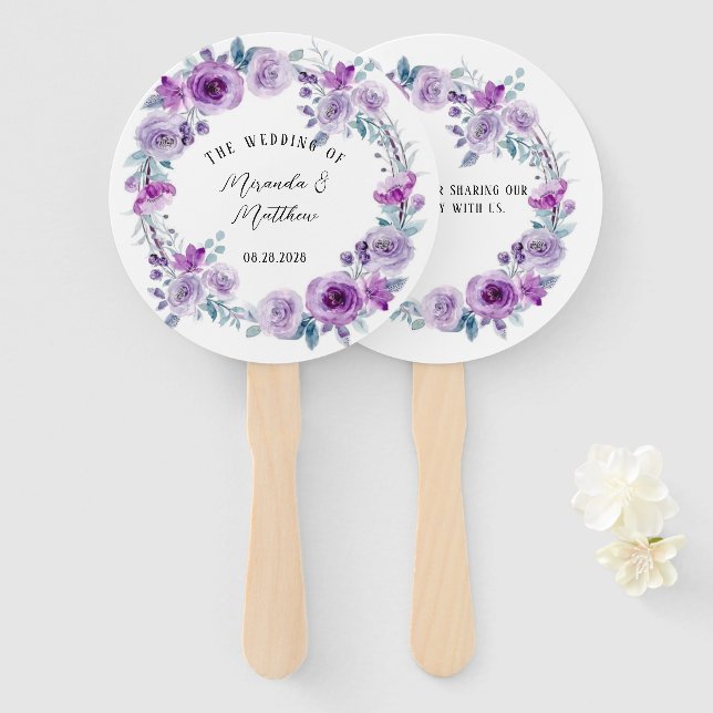 Éventail Peonies d'aquarelle violette Mariage Eucalyptus (Devant et derrière)