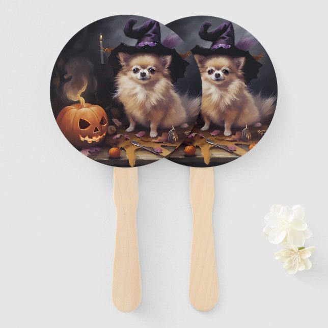 Éventail Peur d'Halloween Citrouille de Poméranie (Devant et derrière)