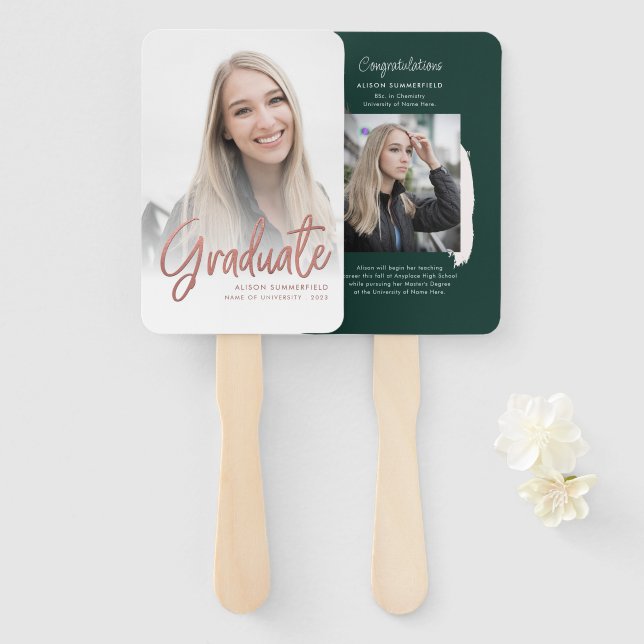 Éventail Photos de Graduation moderne Rose blanche Gold Gra (Devant et derrière)