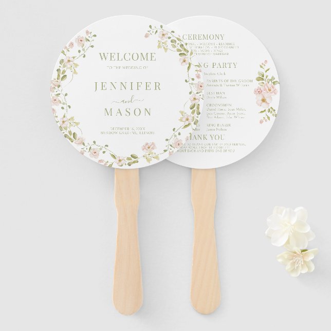 Éventail Pink Blush Floral Wreath Programme de mariage roma (Devant et derrière)