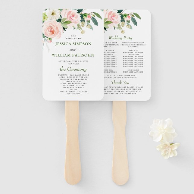 Éventail Pink Blush Flowers Verdure Floral Wedding Programm (Devant et derrière)