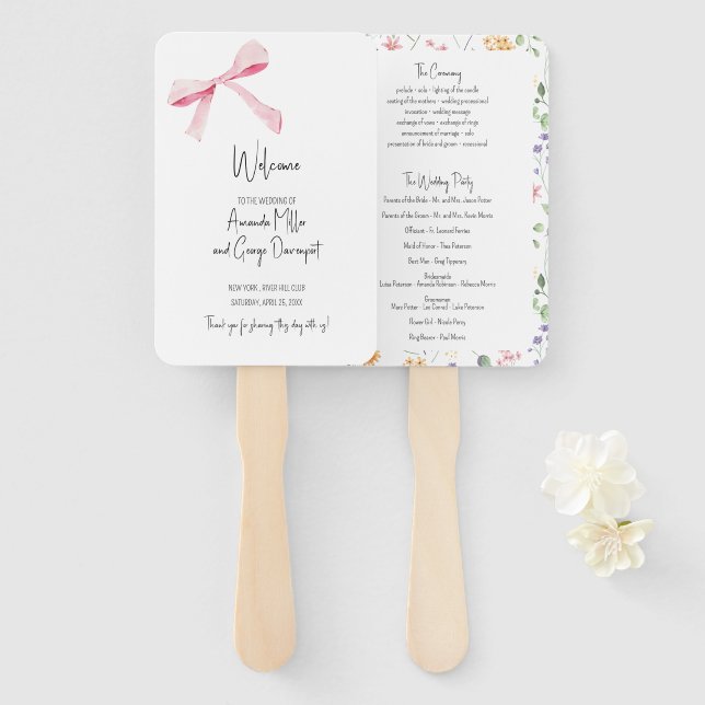 Éventail Pink Bow programme de mariage floral fan (Devant et derrière)