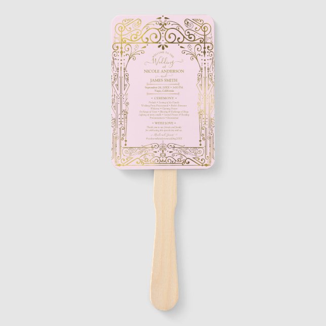 Éventail Pink Gold Déco Chic Glam Programme de mariage Vent (Devant)