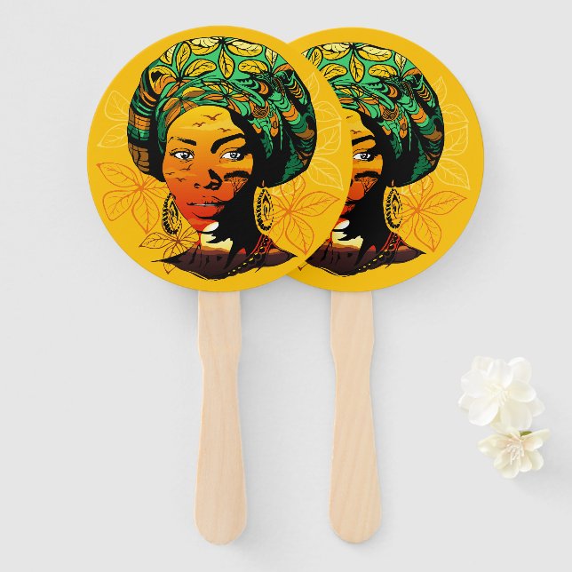 Éventail Portrait féminin africain avec coucher de soleil (Devant et derrière)