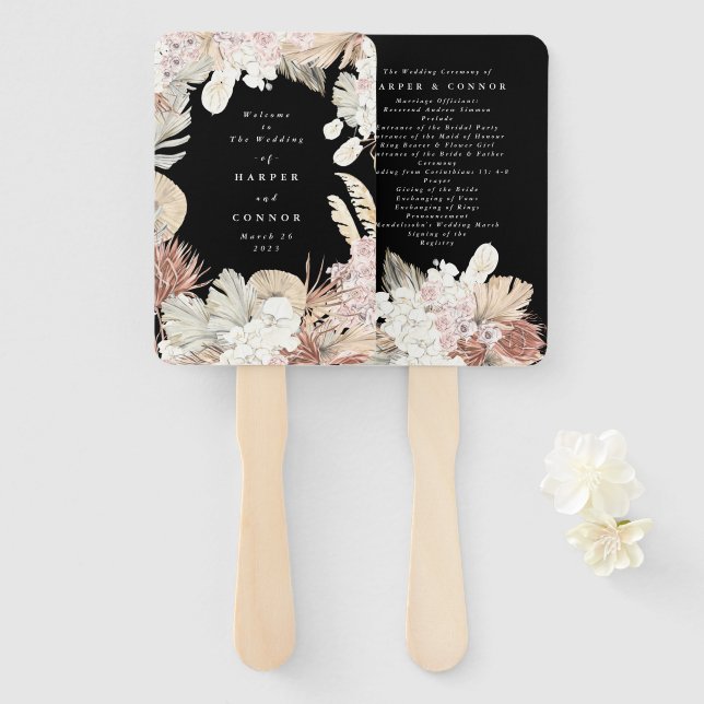 Éventail Premium Black Elegant Pampas Grass Tropical Jungle (Devant et derrière)