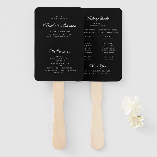 Éventail Programme classique de mariage noir et blanc (Devant et derrière)