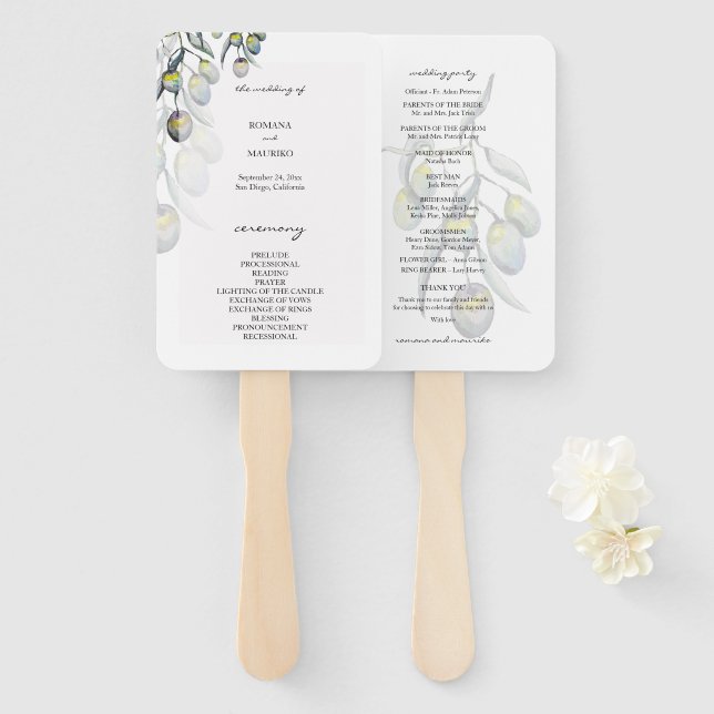 Éventail Programme d'aquarelle magique en olive peinte à la (Devant et derrière)