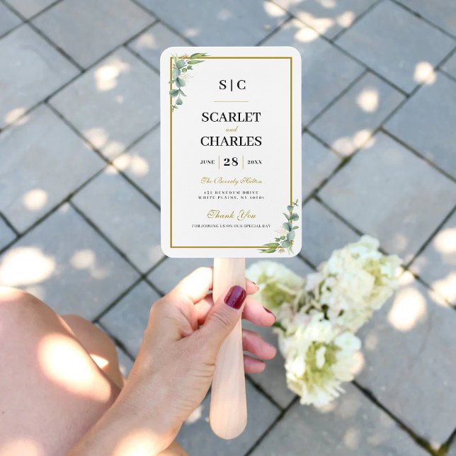 Éventail Programme de cérémonie de mariage à la verdure d'e (Eucalyptus greenery program hand fan keeps guests cool with elegant ceremony style.)