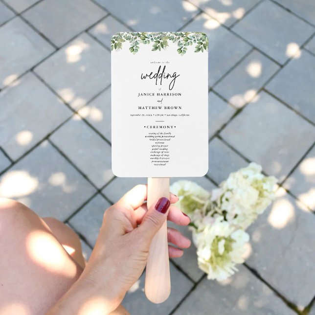 Éventail Programme de cérémonie de mariage avec verdure d'e (Boho eucalyptus greenery program fan keeps guests cool with a fresh natural wedding touch)