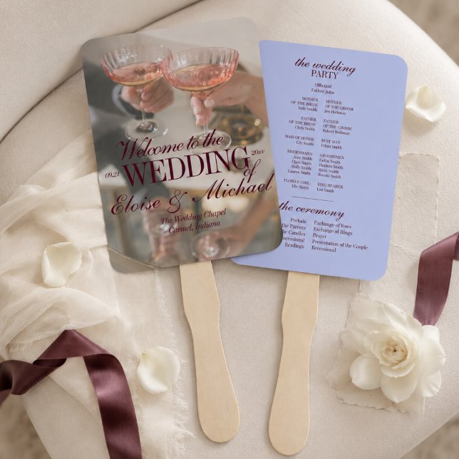 Éventail Programme de cérémonie de mariage Luxe Script Perv (Luxury Periwinkle Script Wedding Ceremony Program Hand Fan)