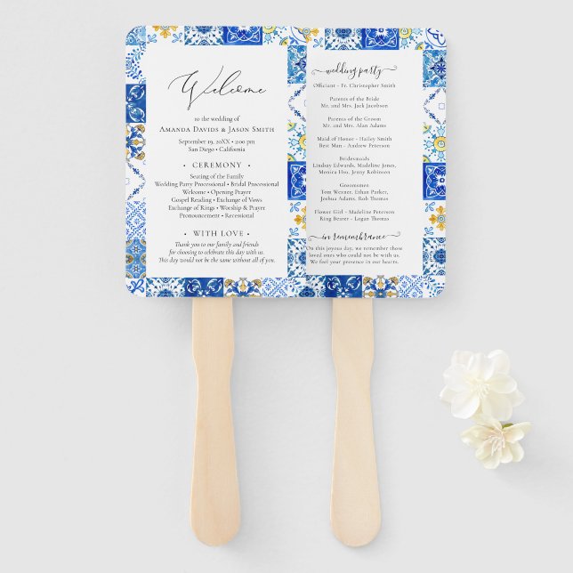 Éventail Programme de Cérémonie Mariage de Carreaux Bleus M (Devant et derrière)