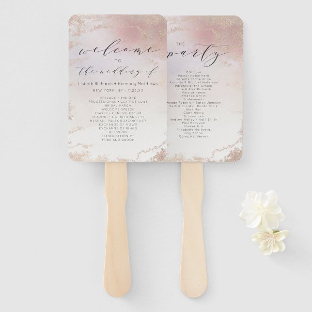Éventail Programme de cérémonie Mariage Ombre Blush Pink Fr (Devant et derrière)