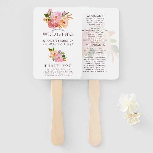 Éventail Programme de fleurs aquarelles pour mariage printa (Devant et derrière)