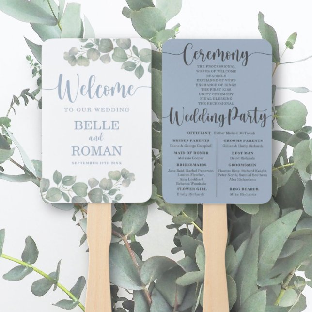 Éventail Programme de mariage à feuillage d'eucalyptus rust (Créateur téléchargé)
