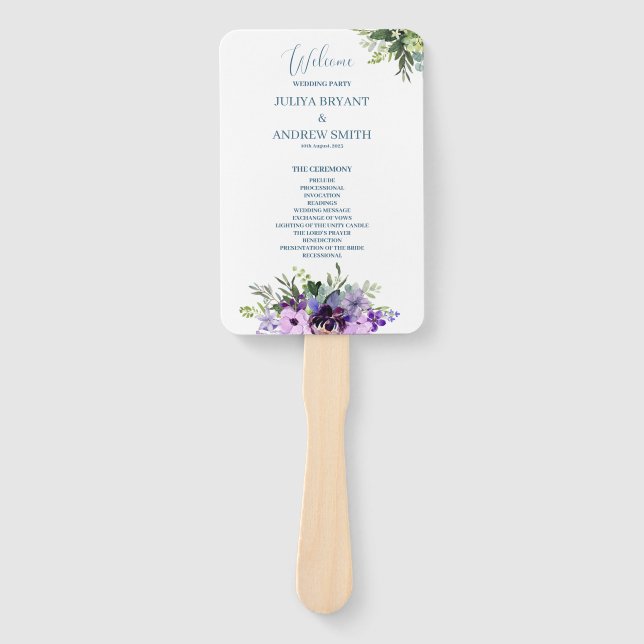 Éventail Programme de mariage à fleurs violettes et vertes  (Devant)
