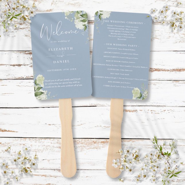 Éventail Programme de mariage à la verdure florale bleu pou (Dusty Blue Floral Greenery Wedding Program Hand Fan)
