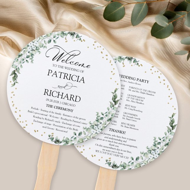 Éventail Programme de mariage à l'aquarelle avec verdure, é (Créateur téléchargé)