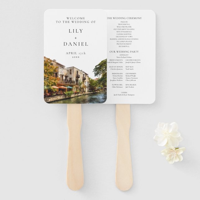 Éventail Programme de mariage à l'aquarelle de San Antonio (Devant et derrière)