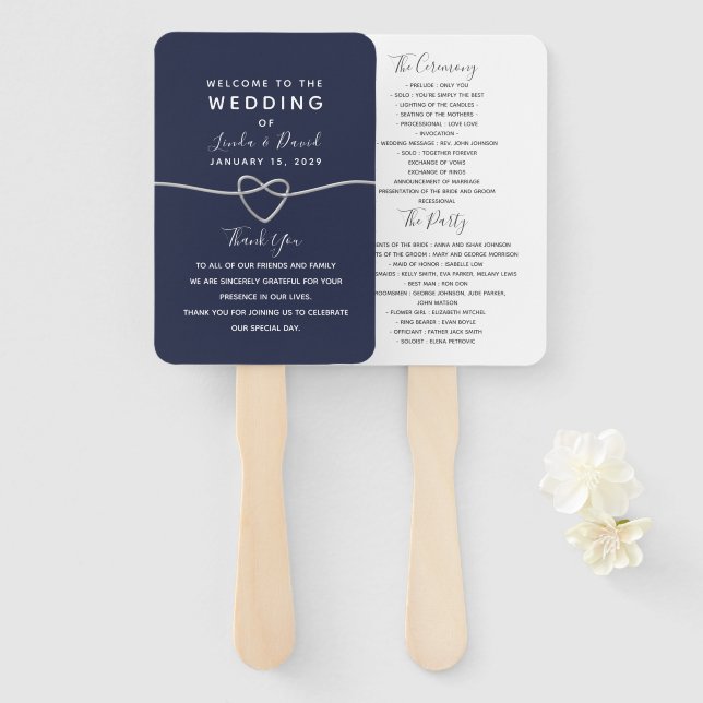 Éventail Programme de mariage à l'écriture bleue marine (Devant et derrière)