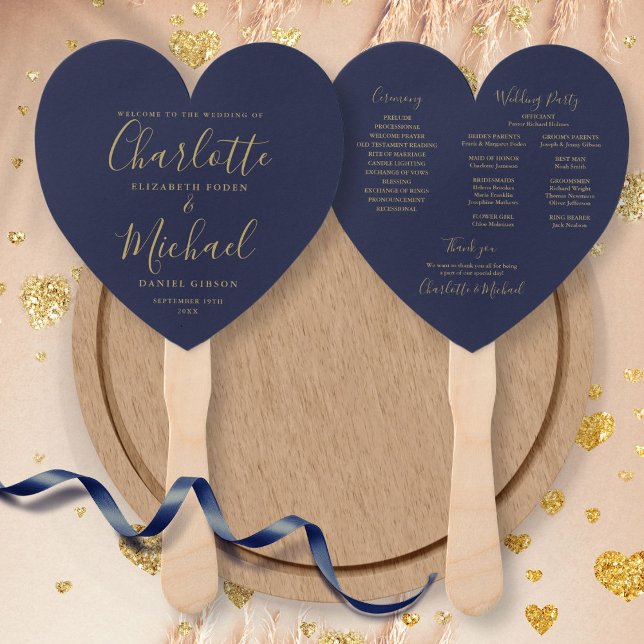 Éventail Programme de mariage à l'écriture dorée et bleu ma (Créateur téléchargé)