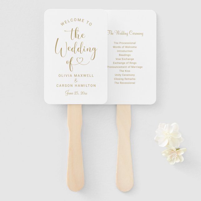 Éventail Programme de mariage à l'écriture moderne à cœur d (Devant et derrière)