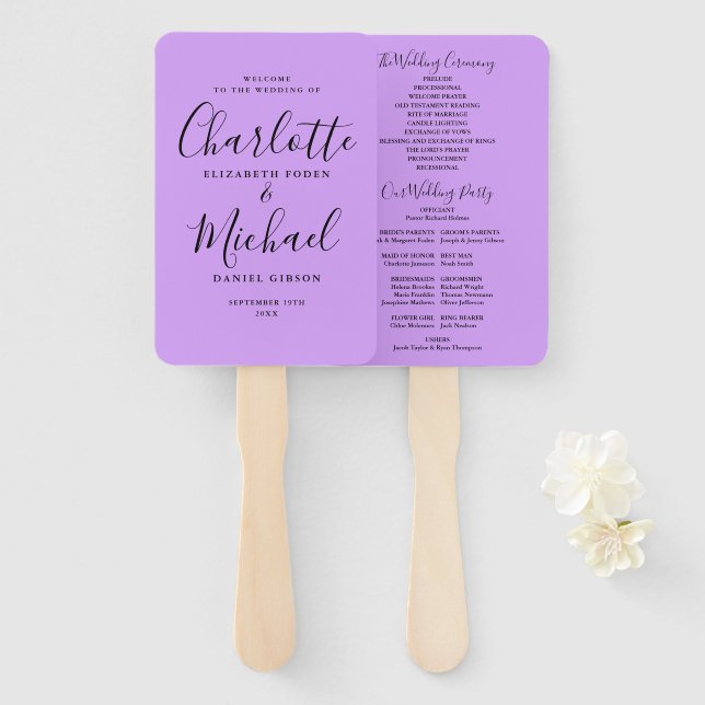 Éventail Programme de mariage à l'écriture Orchidée Lilas L (Devant et derrière)