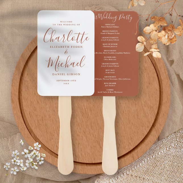 Éventail Programme de mariage à l'écriture signature en ter (Terracotta Signature Script Wedding Program Hand Fan)
