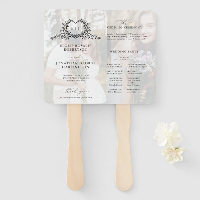 Éventail Programme de mariage à monogramme de calligraphie  (Devant et derrière)