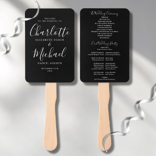 Éventail Programme de mariage à script noir et blanc