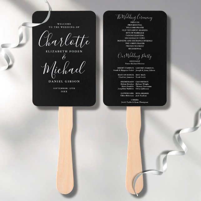 Éventail Programme de mariage à script noir et blanc (Créateur téléchargé)