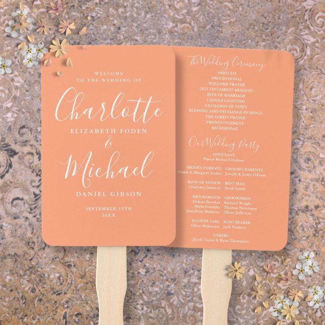 Éventail Programme de mariage à script signature pêche (Peach Signature Script Wedding Program Hand Fan)