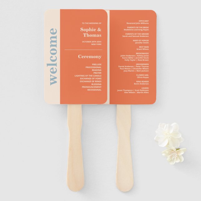 Éventail Programme de mariage à typographie moderne et auda (Devant et derrière)