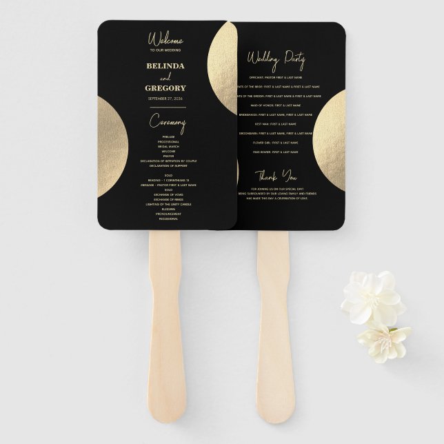 Éventail Programme de mariage Abstrait moderne Black & Gold (Devant et derrière)