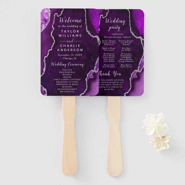 Éventail Programme de mariage Agate Violet et Argent (Devant et derrière)