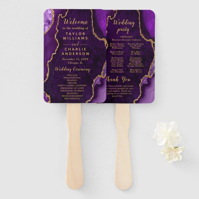 Éventail Programme de mariage Agate Violet et Or (Devant et derrière)