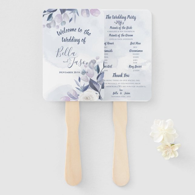 Éventail Programme de mariage Aquarelle mignonne Bleu Dusty (Devant et derrière)
