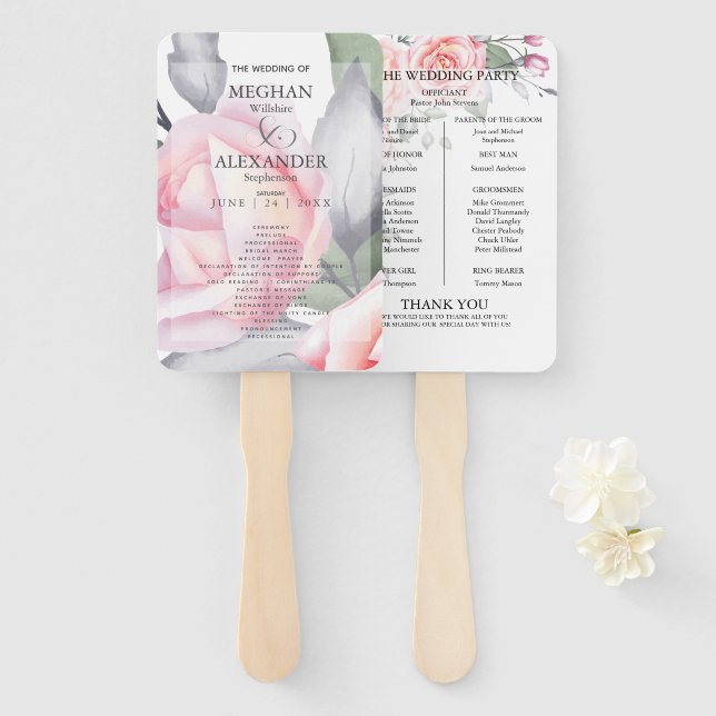 Éventail Programme de mariage | Aquarelle Roses roses roses (Devant et derrière)