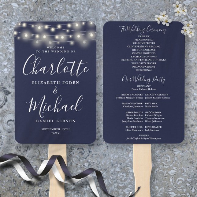 Éventail Programme de mariage avec guirlande de lumières bl (Navy Blue String Lights Script Wedding Program Hand Fan)