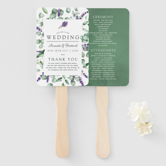 Éventail Programme de mariage avec verdure d'eucalyptus et  (Devant et derrière)