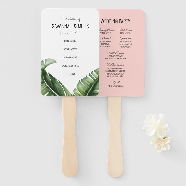 Éventail Programme de mariage Banana Leaf du milieu du sièc (Devant et derrière)