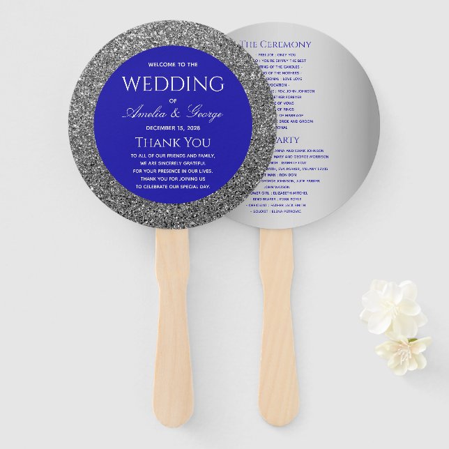 Éventail Programme de mariage bleu argent (Devant et derrière)