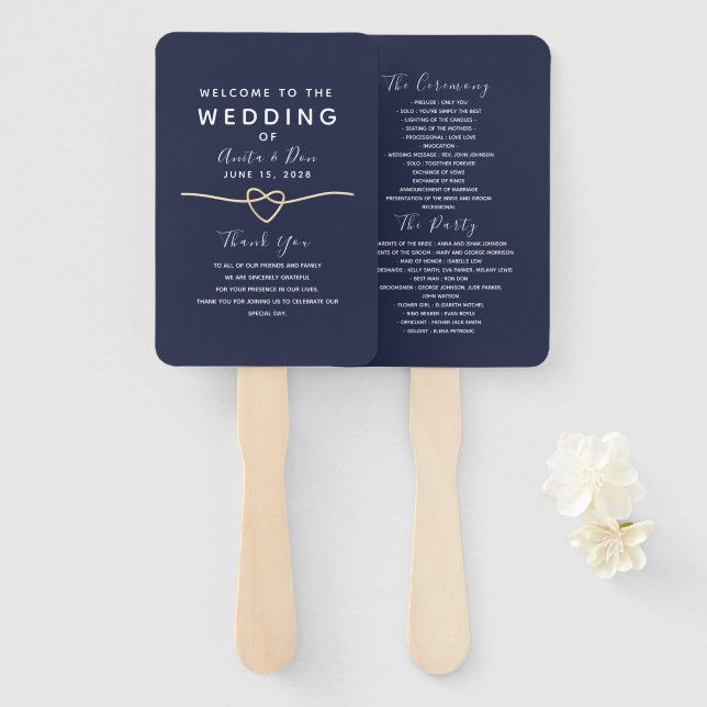 Éventail Programme de mariage bleu de la Marine moderne (Devant et derrière)