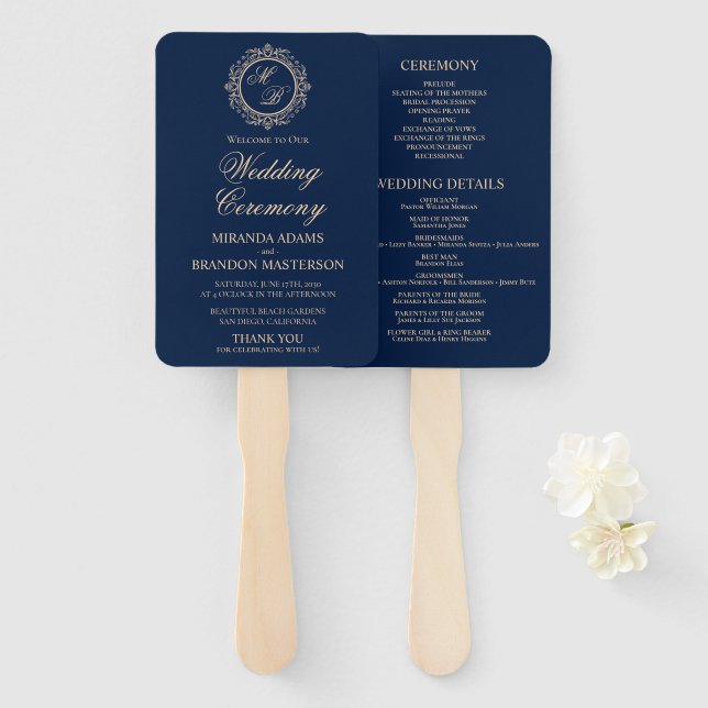 Éventail Programme de mariage bleu marine Monogramme Or Lux (Devant et derrière)
