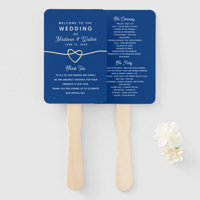 Éventail Programme de mariage bleu royal (Devant et derrière)